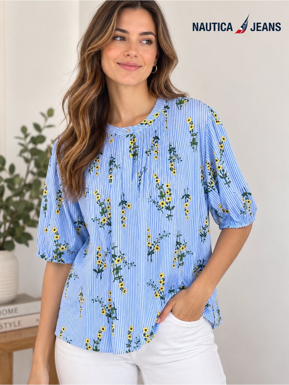 Nautica Jeans Women’s XL Blue White Stripe Yellow Floral Blouse Short Sleeve